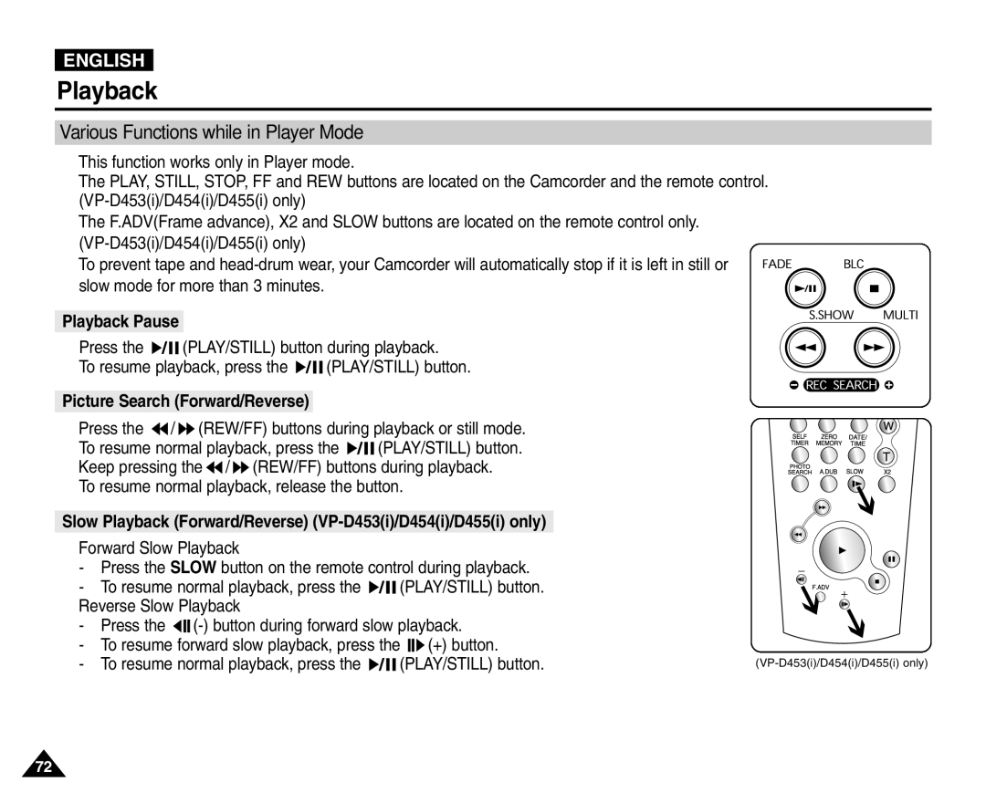 Samsung VP-D451(i), VP-D453(i), VP-D455(i) manual Various Functions while in Player Mode, Picture Search Forward/Reverse 