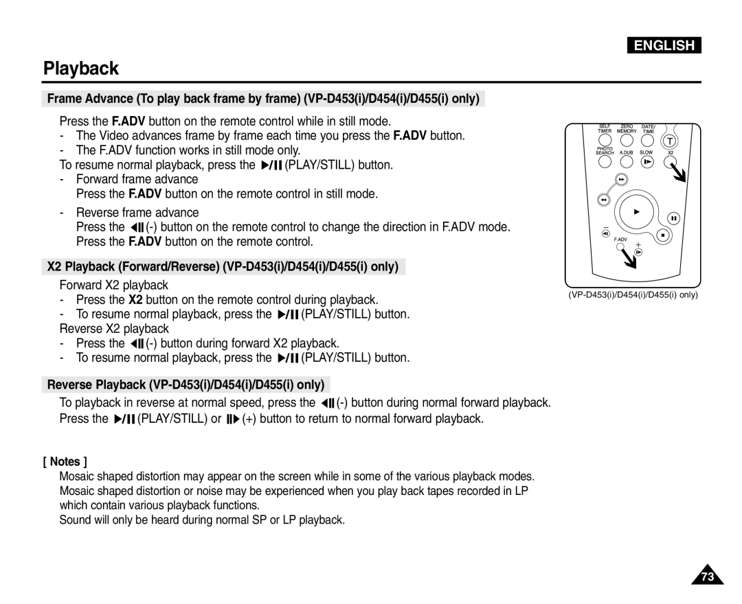 Samsung VP-D453(i) manual X2 Playback Forward/Reverse VP-D453i/D454i/D455i only, Reverse Playback VP-D453i/D454i/D455i only 