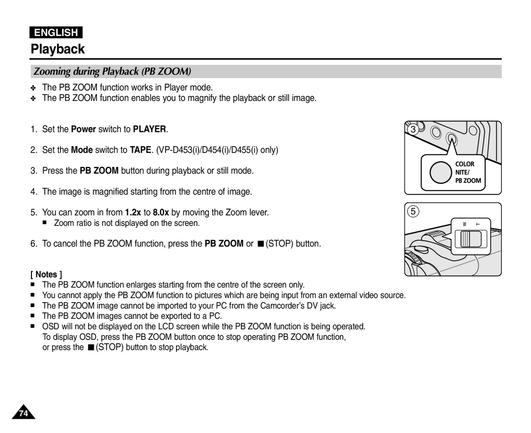 Samsung VP-D455(i), VP-D451(i), VP-D453(i), VP-D454(i) manual Zooming during Playback PB Zoom 