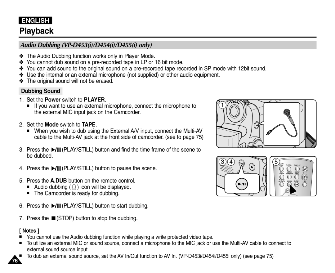 Samsung VP-D451(i), VP-D453(i), VP-D455(i), VP-D454(i) manual Audio Dubbing VP-D453i/D454i/D455i only, Dubbing Sound 