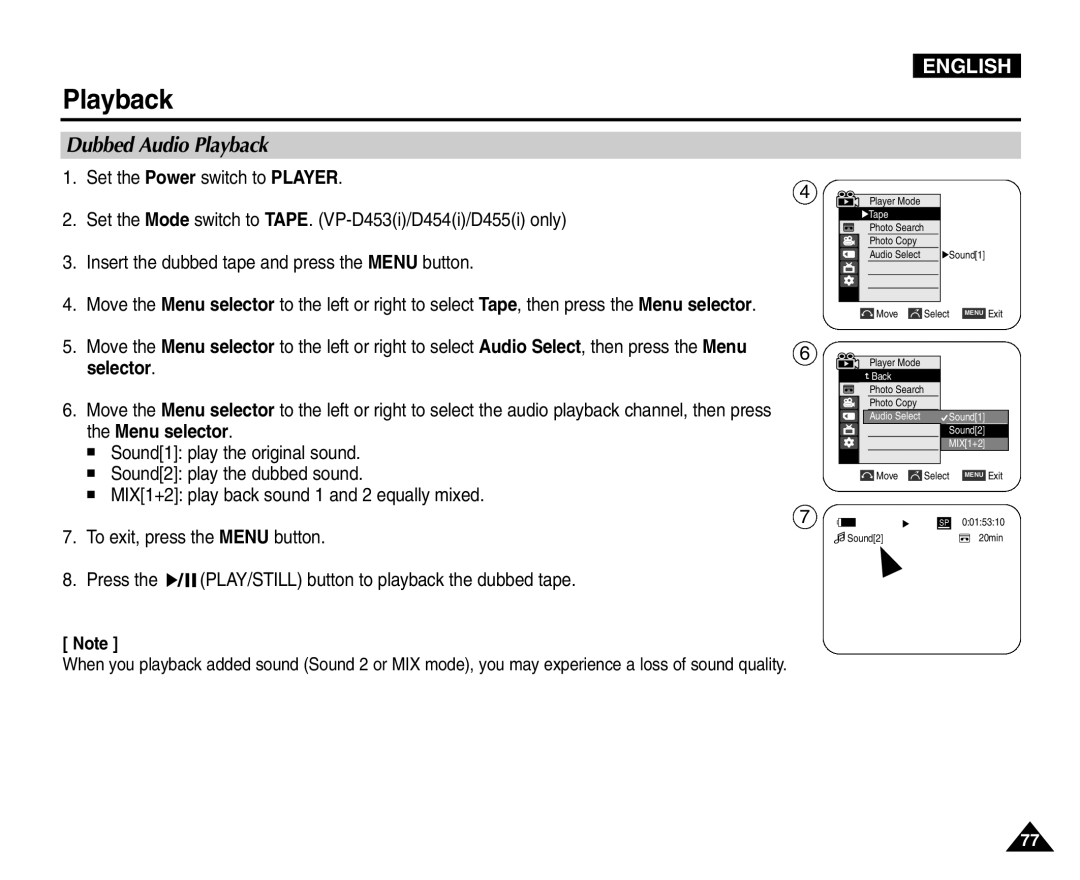 Samsung VP-D453(i), VP-D451(i), VP-D455(i) manual Dubbed Audio Playback, Insert the dubbed tape and press the Menu button 