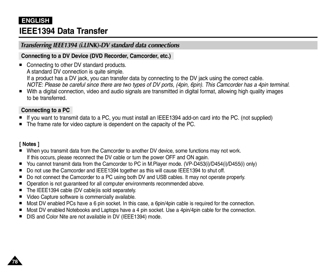 Samsung VP-D455(i) IEEE1394 Data Transfer, Transferring IEEE1394 i.LINK-DV standard data connections, Connecting to a PC 