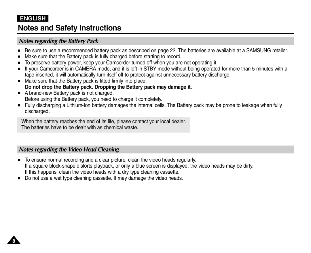 Samsung VP-D451(i), VP-D453(i), VP-D455(i), VP-D454(i) manual Make sure that the Battery pack is fitted firmly into place 