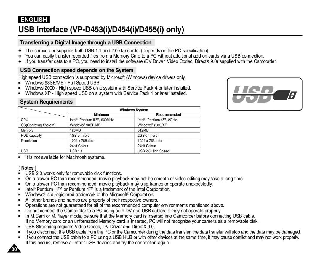 Samsung VP-D451(i) manual USB Interface VP-D453i/D454i/D455i only, Transferring a Digital Image through a USB Connection 