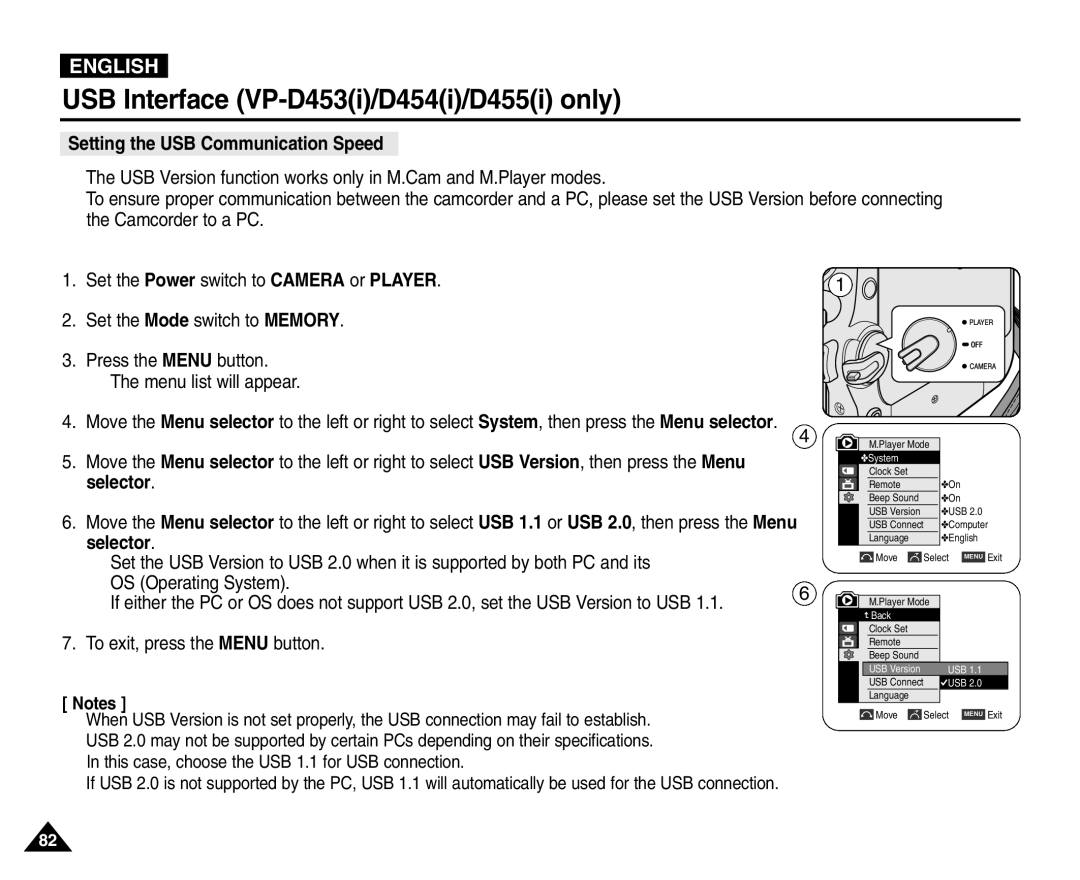 Samsung VP-D455(i), VP-D451(i), VP-D453(i), VP-D454(i) manual Setting the USB Communication Speed 