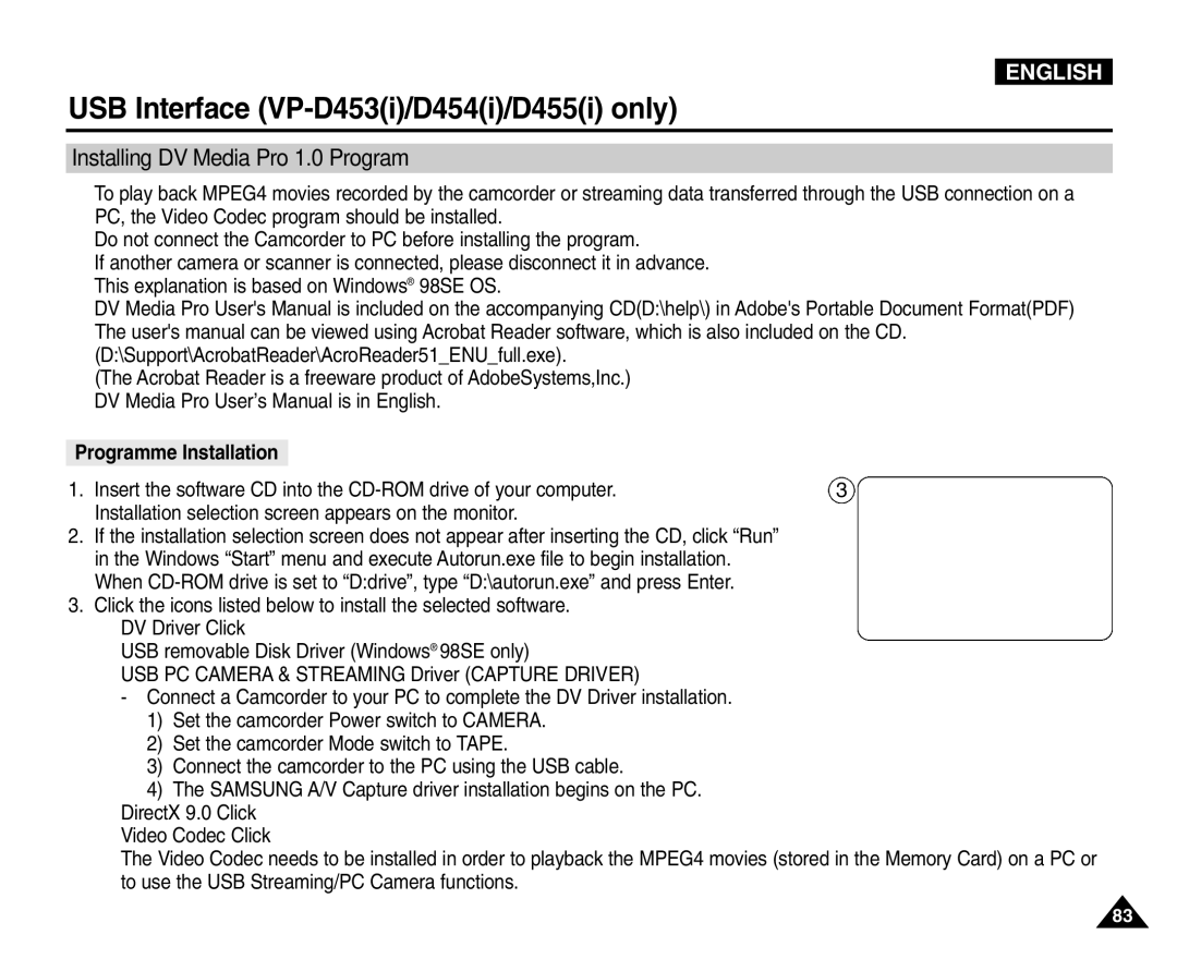 Samsung VP-D454(i), VP-D451(i), VP-D453(i), VP-D455(i) manual Installing DV Media Pro 1.0 Program 