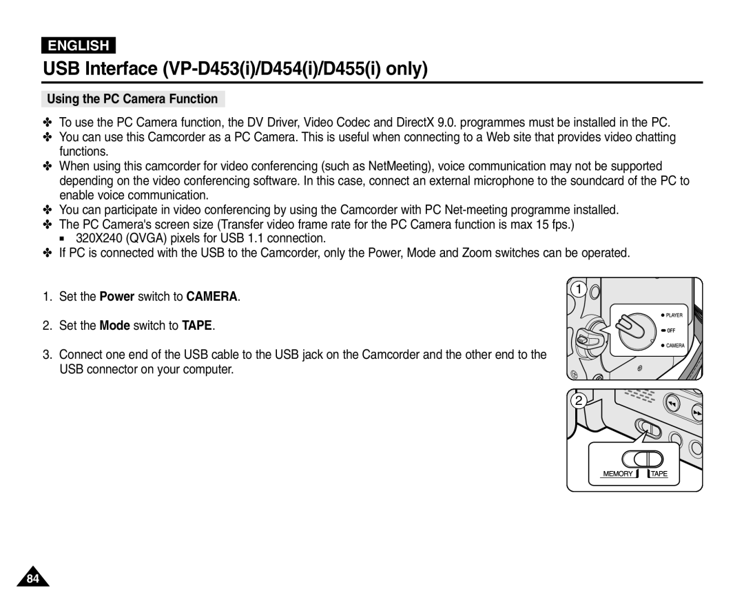 Samsung VP-D451(i), VP-D453(i), VP-D455(i), VP-D454(i) manual Using the PC Camera Function 