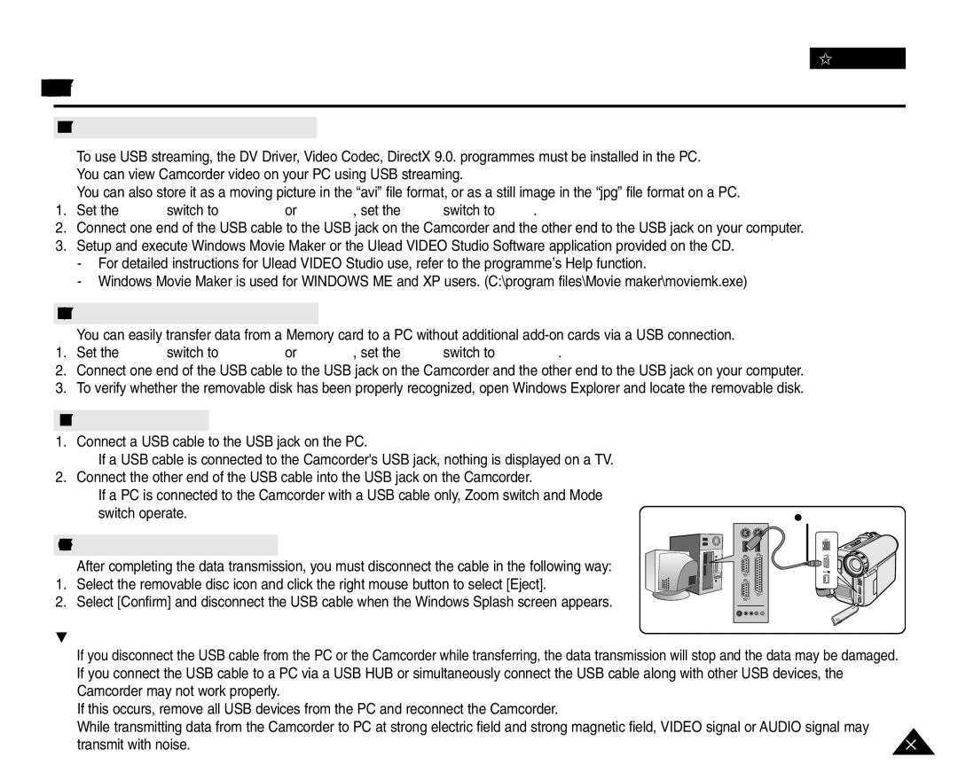 Samsung VP-D453(i) manual Using the USB Streaming Function, Using the removable Disk Function, Disconnecting the USB Cable 