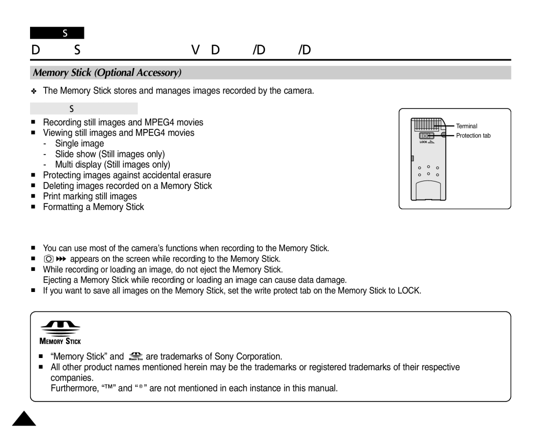 Samsung VP-D455(i), VP-D451(i) manual Digital Still Camera Mode VP-D453i/D454i/D455i only, Memory Stick Optional Accessory 