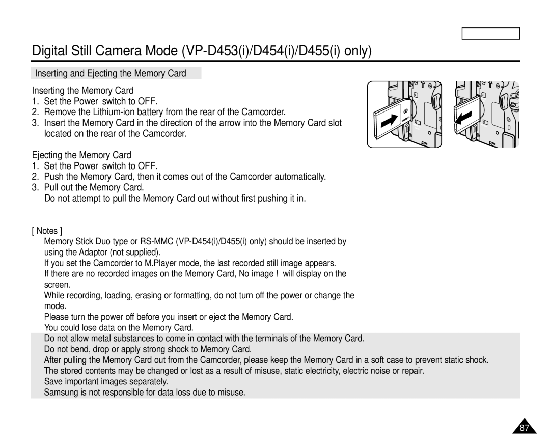 Samsung VP-D454(i), VP-D451(i), VP-D453(i), VP-D455(i) manual Ejecting the Memory Card 