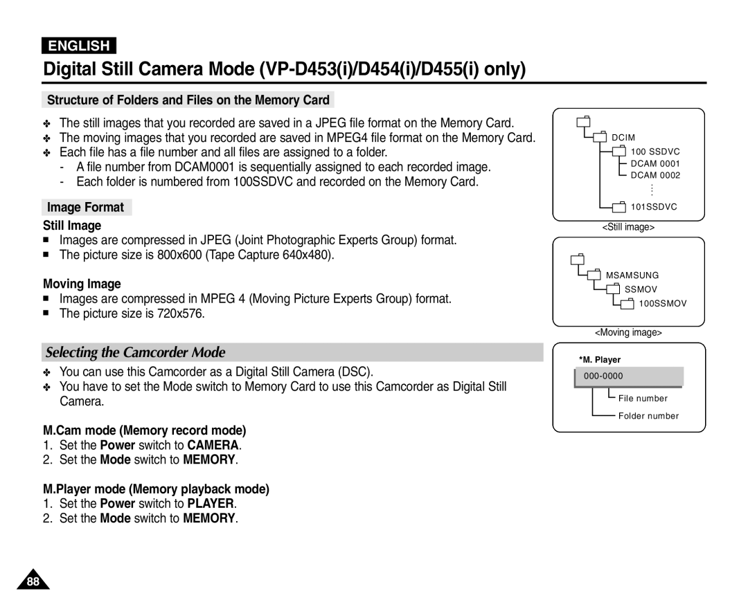 Samsung VP-D451(i), VP-D453(i), VP-D455(i), VP-D454(i) manual Selecting the Camcorder Mode 