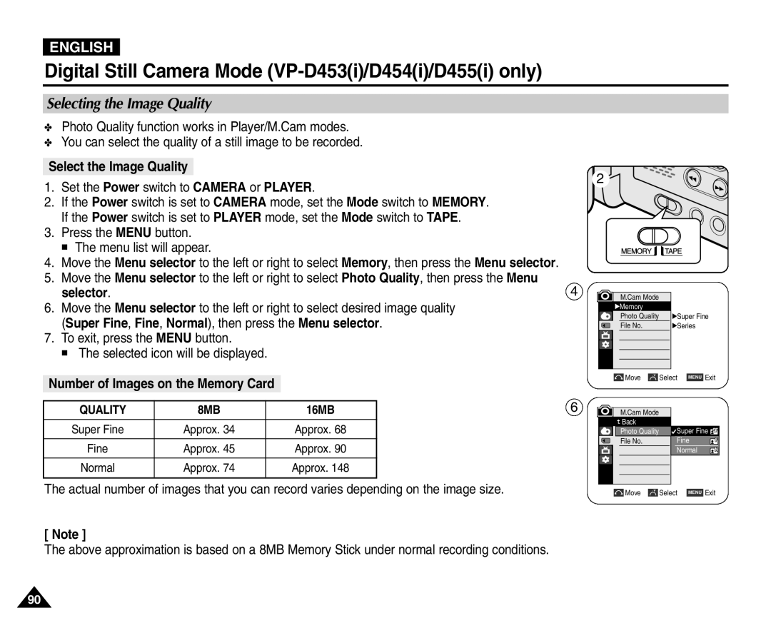 Samsung VP-D455(i), VP-D451(i), VP-D453(i), VP-D454(i) manual Selecting the Image Quality, Select the Image Quality 