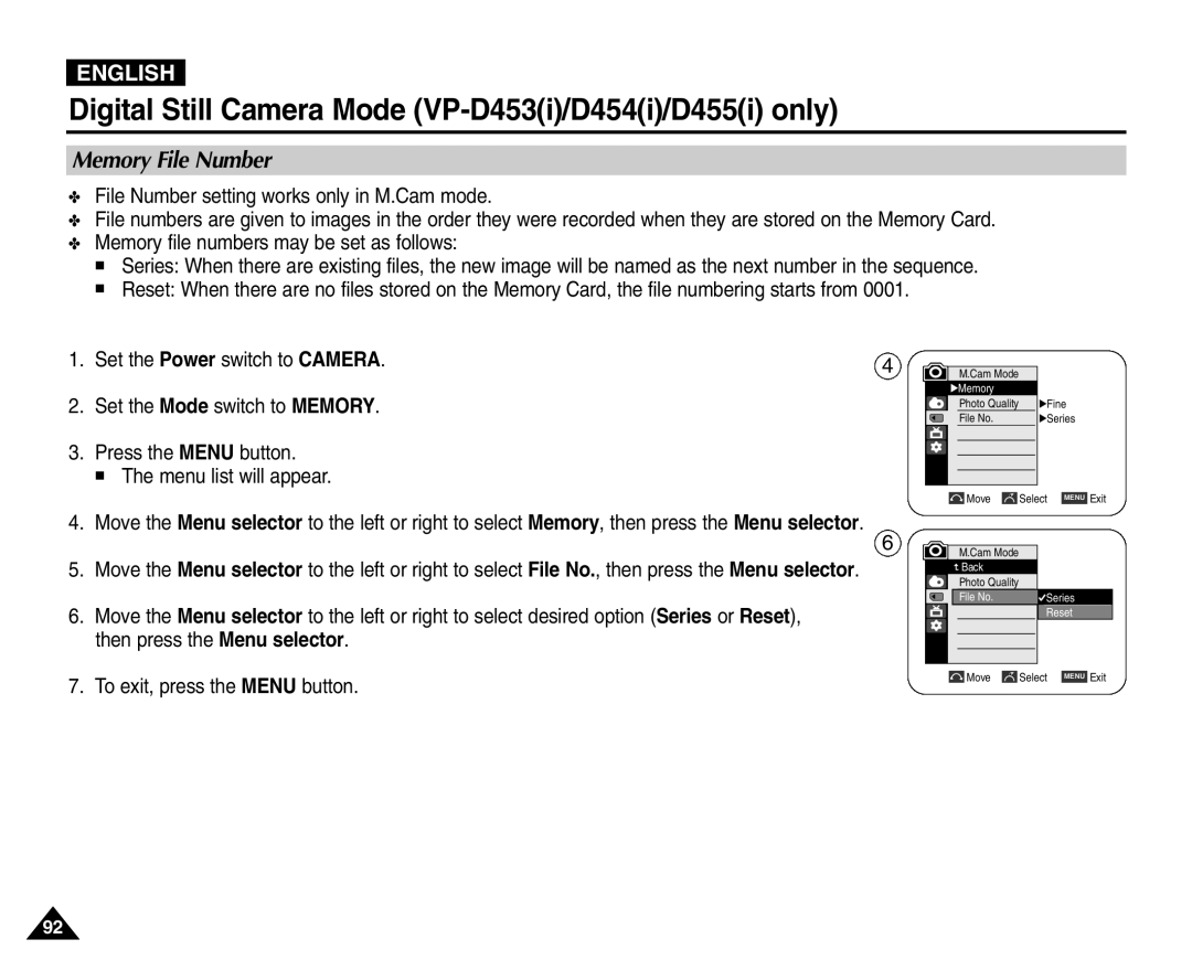 Samsung VP-D451(i), VP-D453(i), VP-D455(i), VP-D454(i) manual Memory File Number 