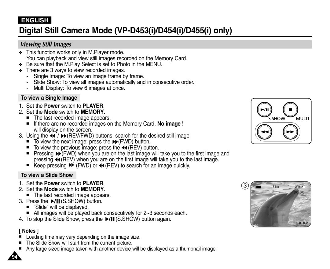 Samsung VP-D455(i) Viewing Still Images, To view a Single Image, Keep pressing FWD or REV to search for an image quickly 