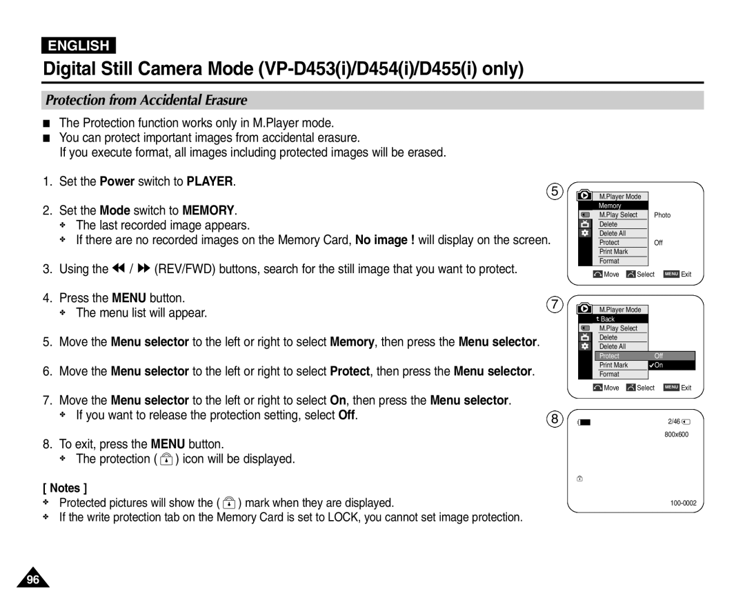 Samsung VP-D451(i), VP-D453(i), VP-D455(i) Protection from Accidental Erasure, Press the Menu button Menu list will appear 