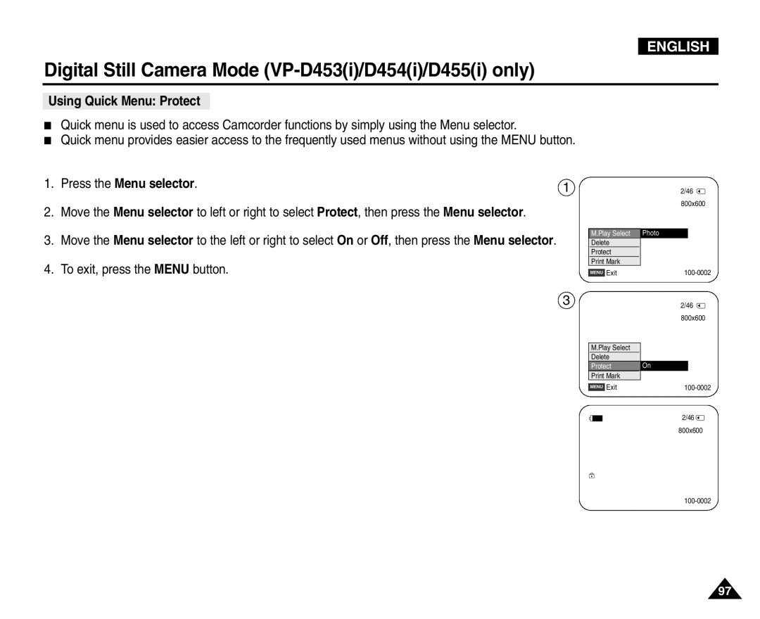 Samsung VP-D453(i), VP-D451(i), VP-D455(i), VP-D454(i) manual Using Quick Menu Protect 