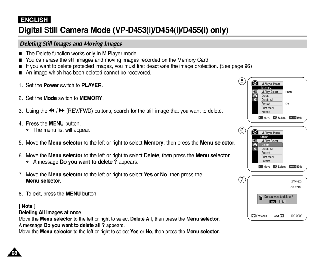 Samsung VP-D455(i), VP-D451(i), VP-D453(i) Deleting Still Images and Moving Images, Message Do you want to delete ? appears 