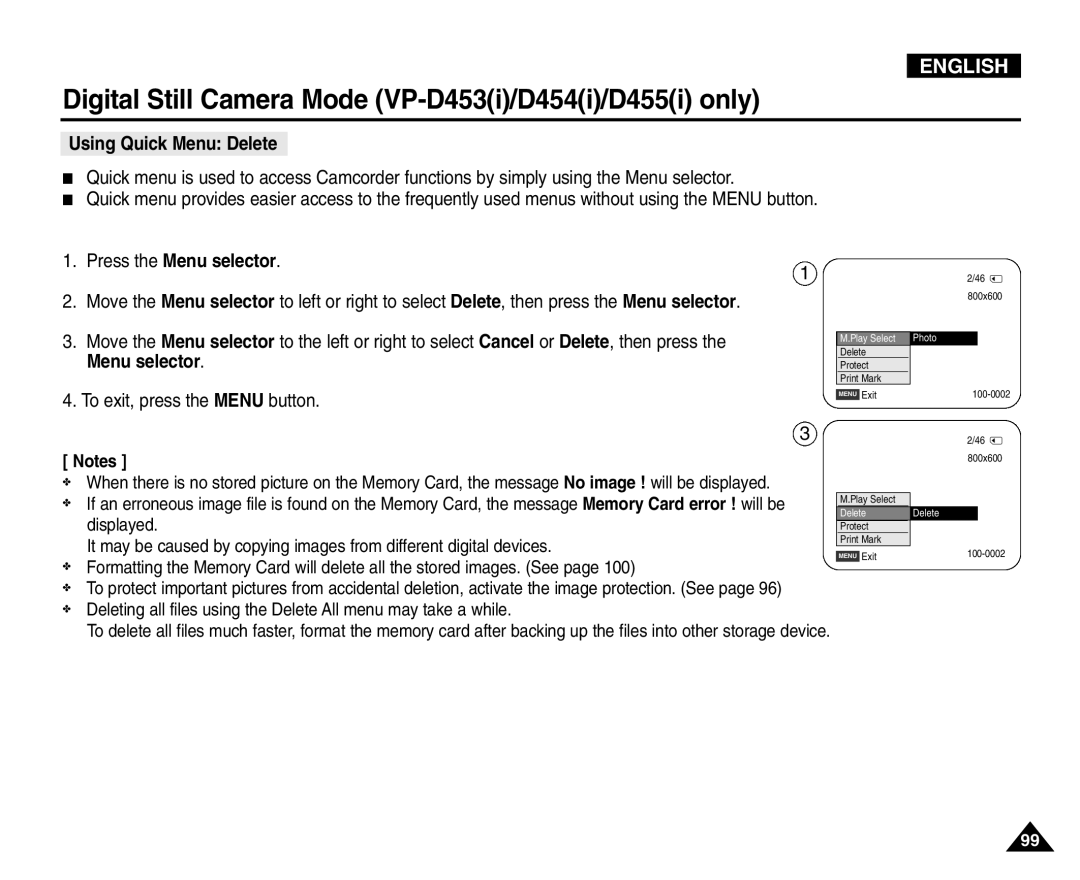 Samsung VP-D454(i), VP-D451(i), VP-D453(i), VP-D455(i) manual Using Quick Menu Delete 