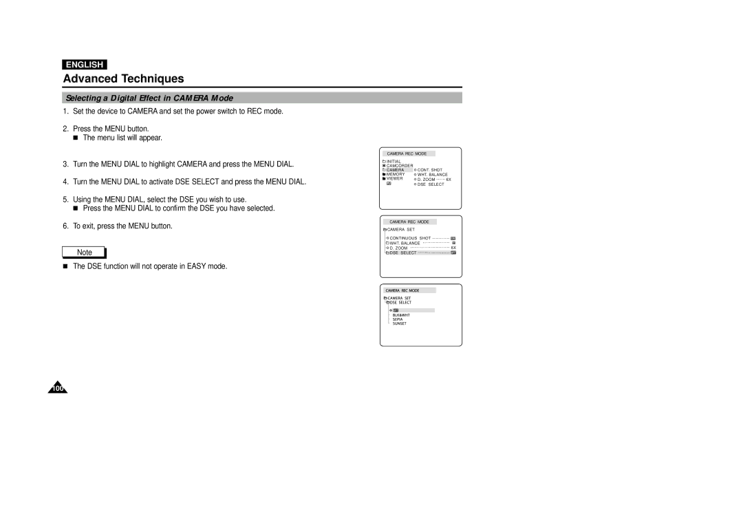 Samsung VP-D5000i instruction manual Selecting a Digital Effect in Camera Mode 