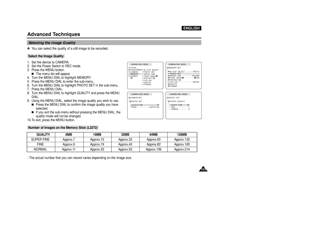 Samsung VP-D5000i Selecting the Image Quality, Select the Image Quality, Number of Images on the Memory Stick L2272 