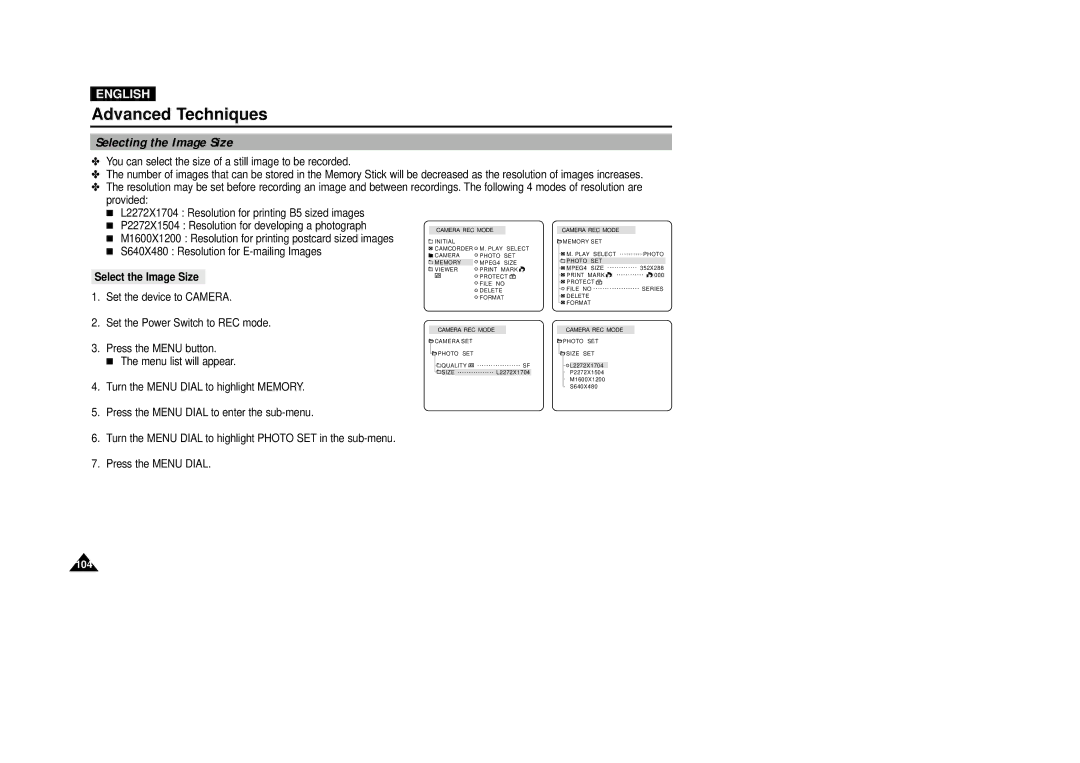 Samsung VP-D5000i instruction manual Selecting the Image Size, Select the Image Size 