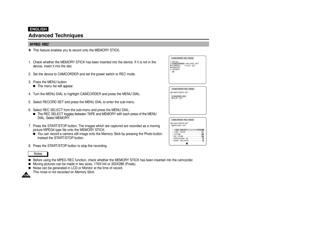 Samsung VP-D5000i instruction manual Mpeg REC 