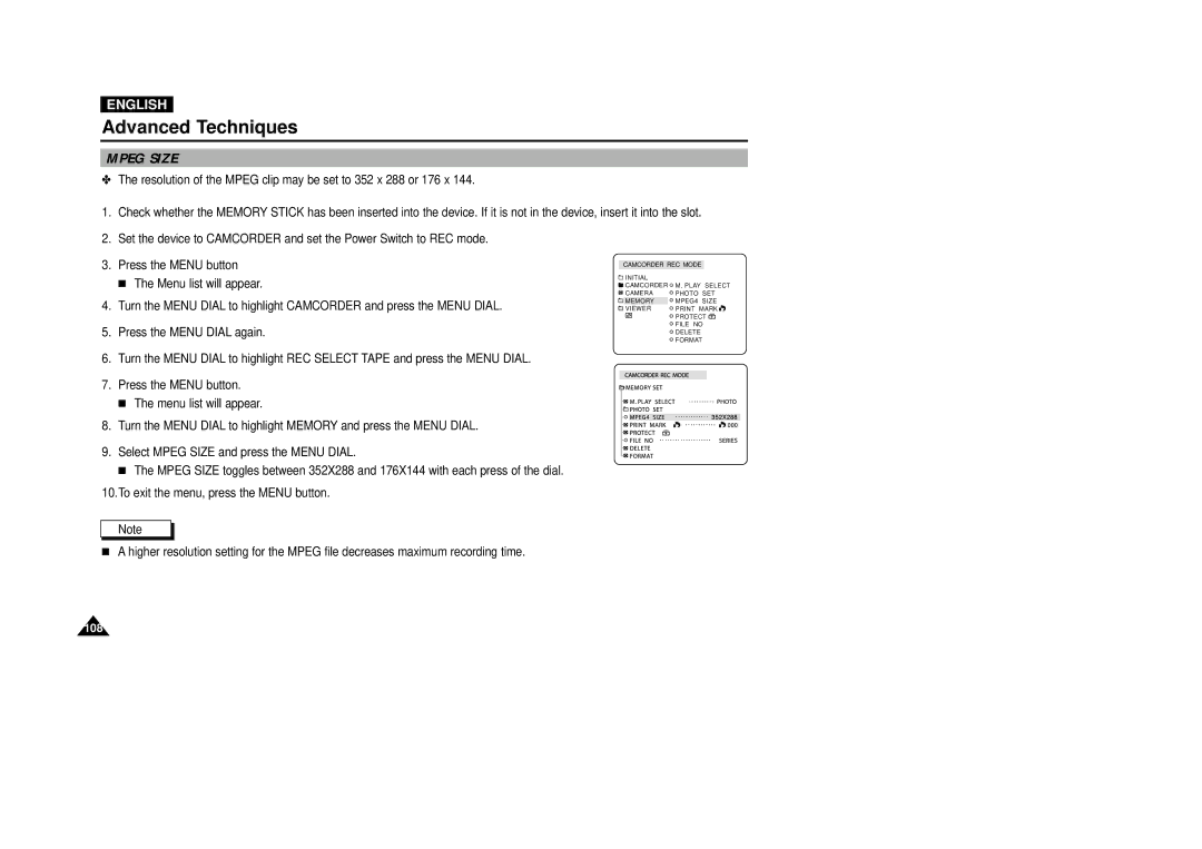 Samsung VP-D5000i instruction manual Mpeg Size 