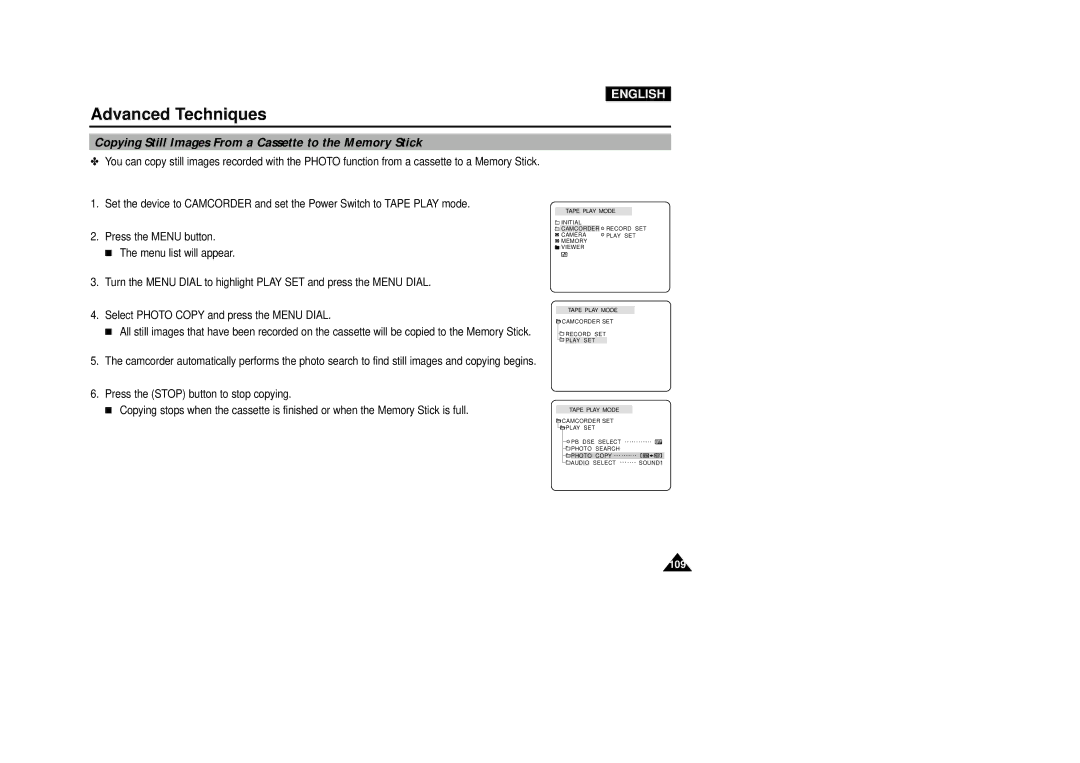 Samsung VP-D5000i instruction manual Copying Still Images From a Cassette to the Memory Stick 