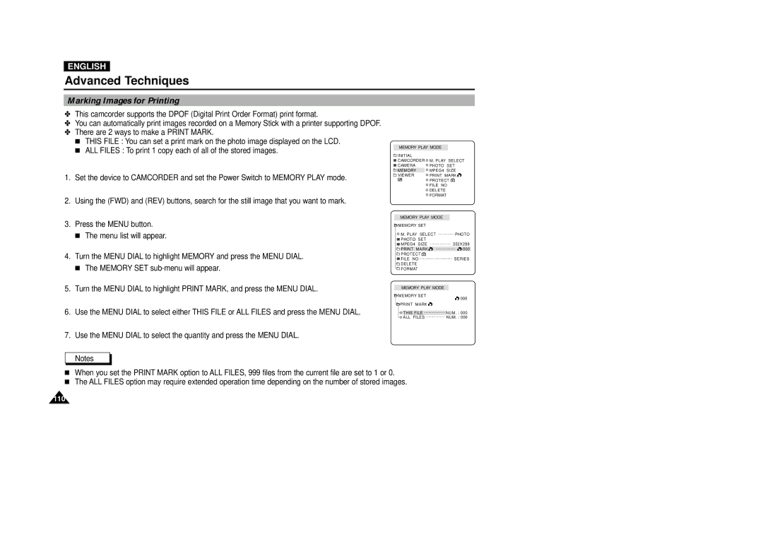 Samsung VP-D5000i instruction manual Marking Images for Printing 