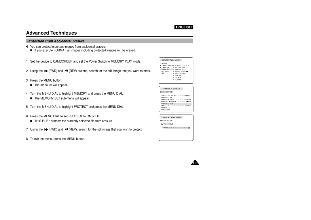 Samsung VP-D5000i instruction manual Protection from Accidental Erasure 