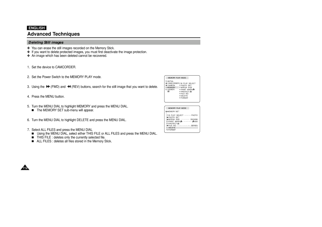 Samsung VP-D5000i instruction manual Deleting Still images 