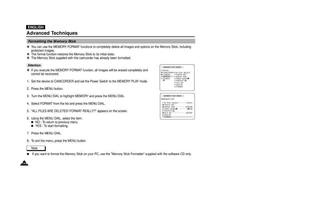 Samsung VP-D5000i instruction manual Formatting the Memory Stick 