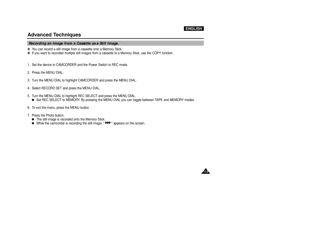 Samsung VP-D5000i instruction manual Recording an Image from a Cassette as a Still Image 