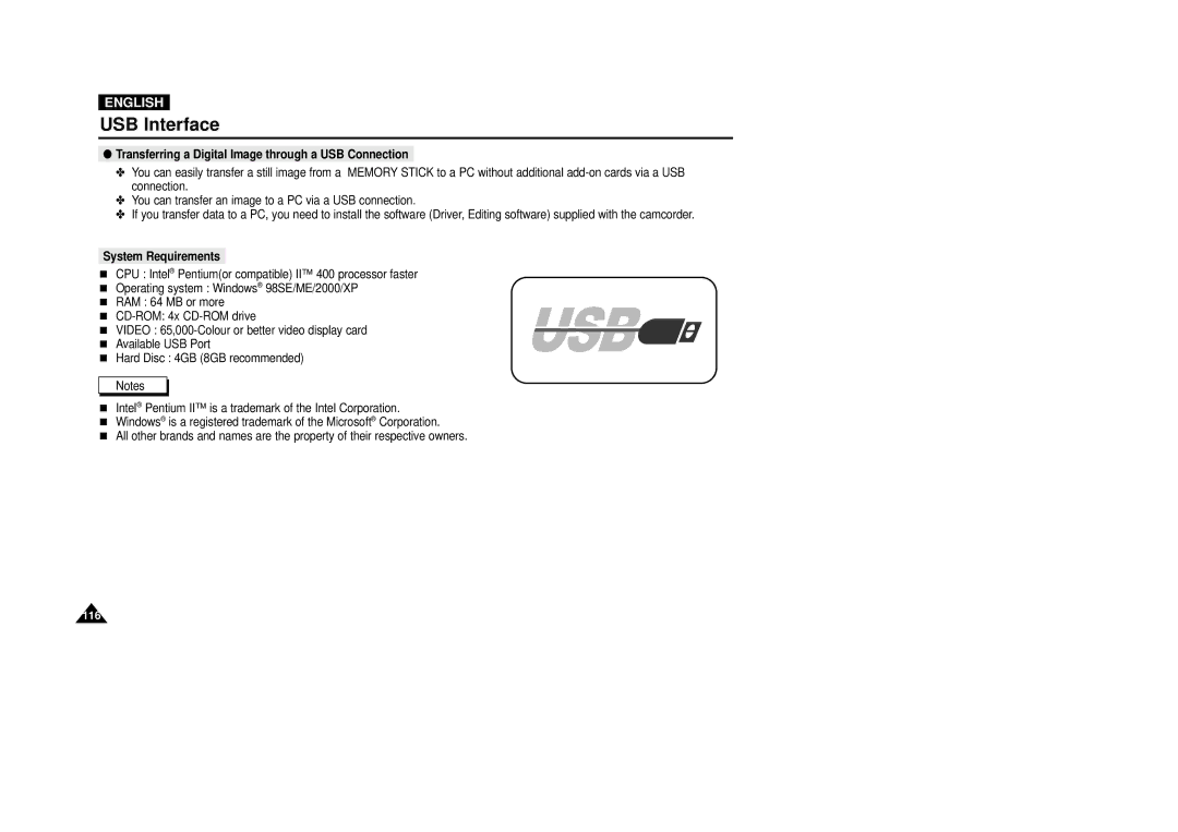 Samsung VP-D5000i instruction manual USB Interface, Transferring a Digital Image through a USB Connection 