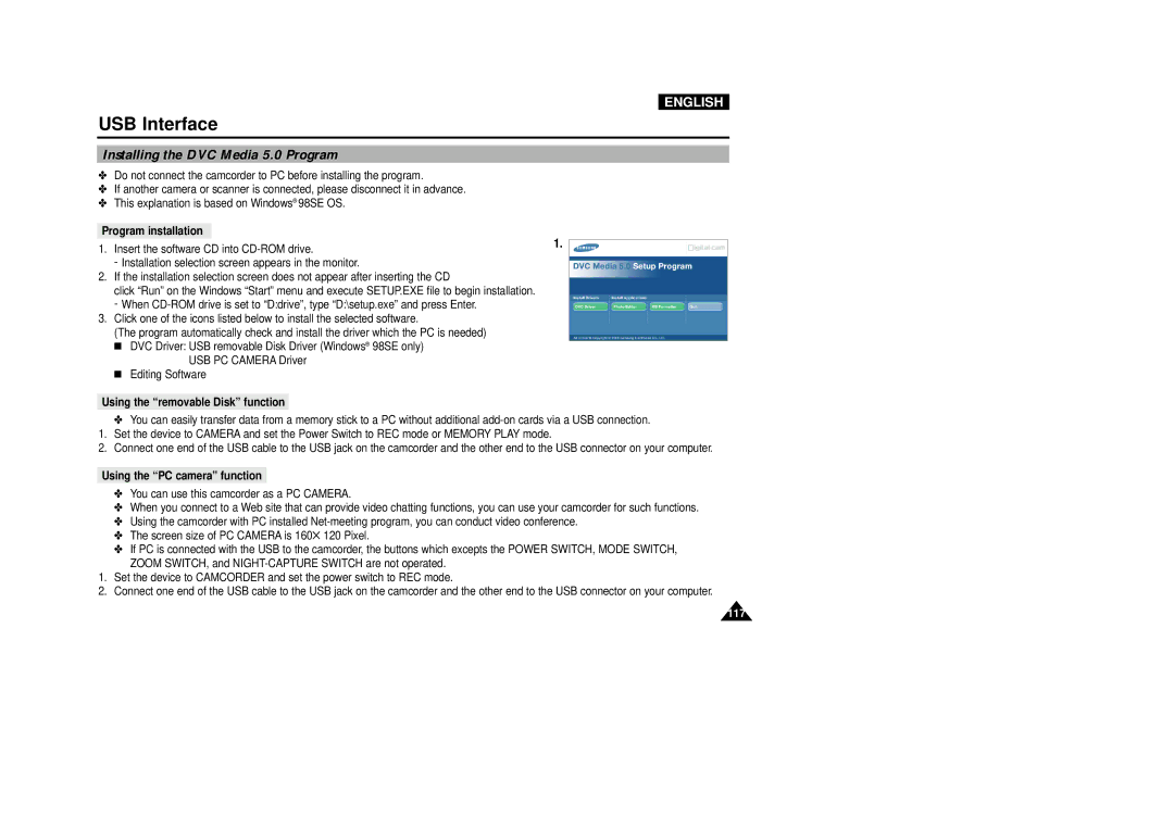 Samsung VP-D5000i instruction manual Installing the DVC Media 5.0 Program, Program installation 