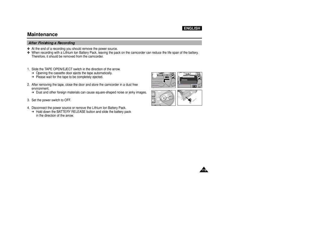 Samsung VP-D5000i instruction manual Maintenance, After Finishing a Recording 