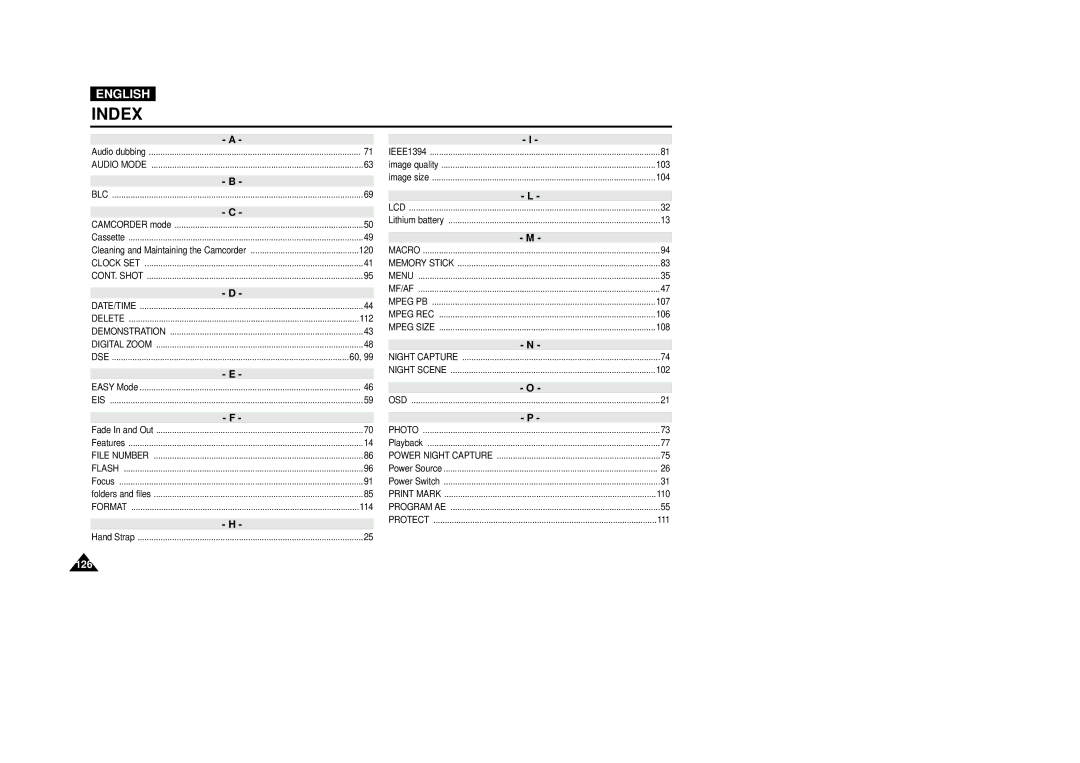 Samsung VP-D5000i instruction manual Index 