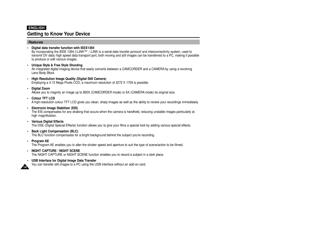 Samsung VP-D5000i instruction manual Features, Night Capture / Night Scene 