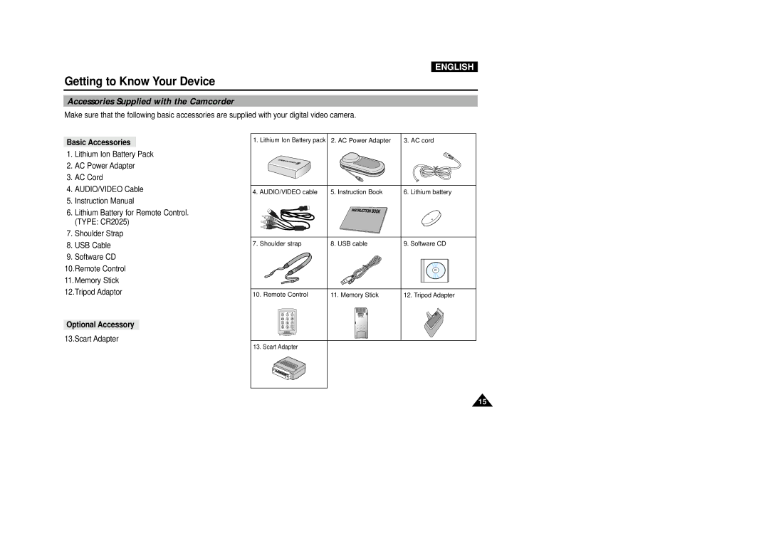 Samsung VP-D5000i instruction manual Accessories Supplied with the Camcorder, Basic Accessories, Optional Accessory 