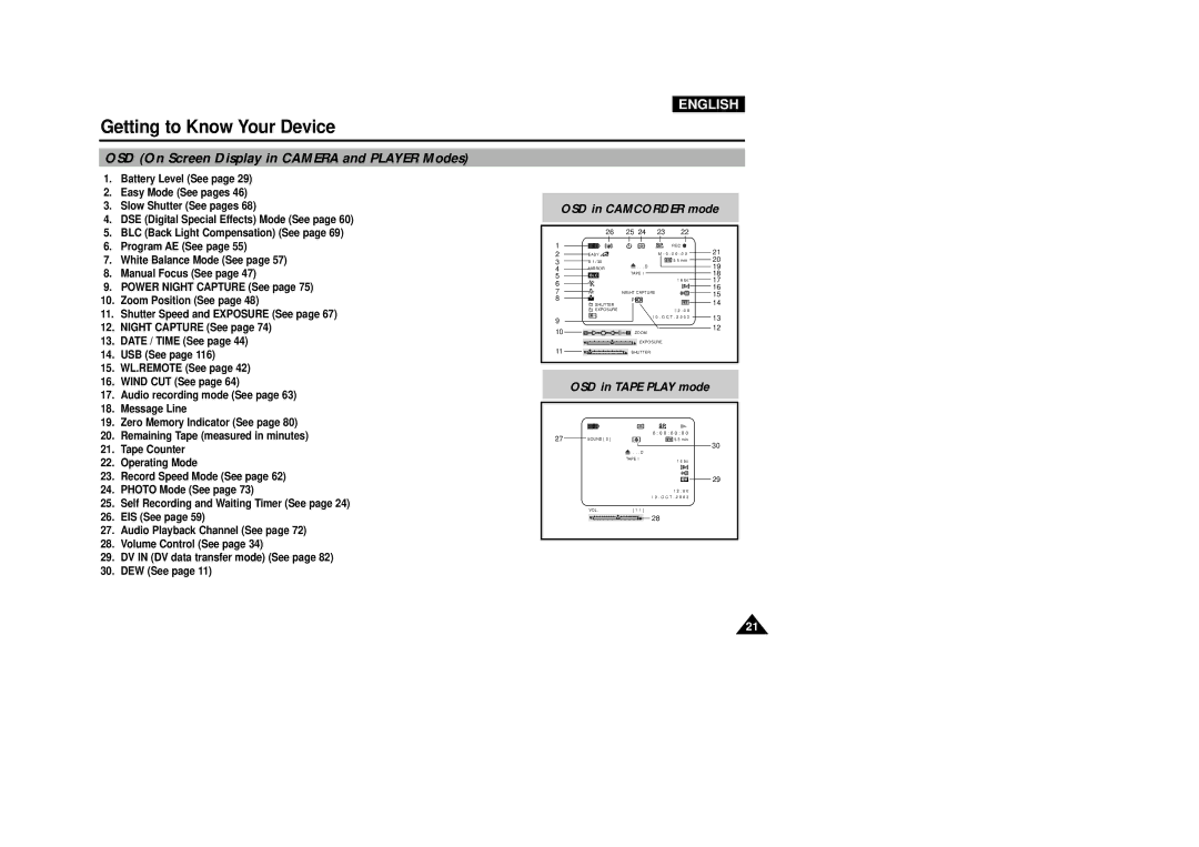 Samsung VP-D5000i instruction manual OSD On Screen Display in Camera and Player Modes, OSD in Camcorder mode 