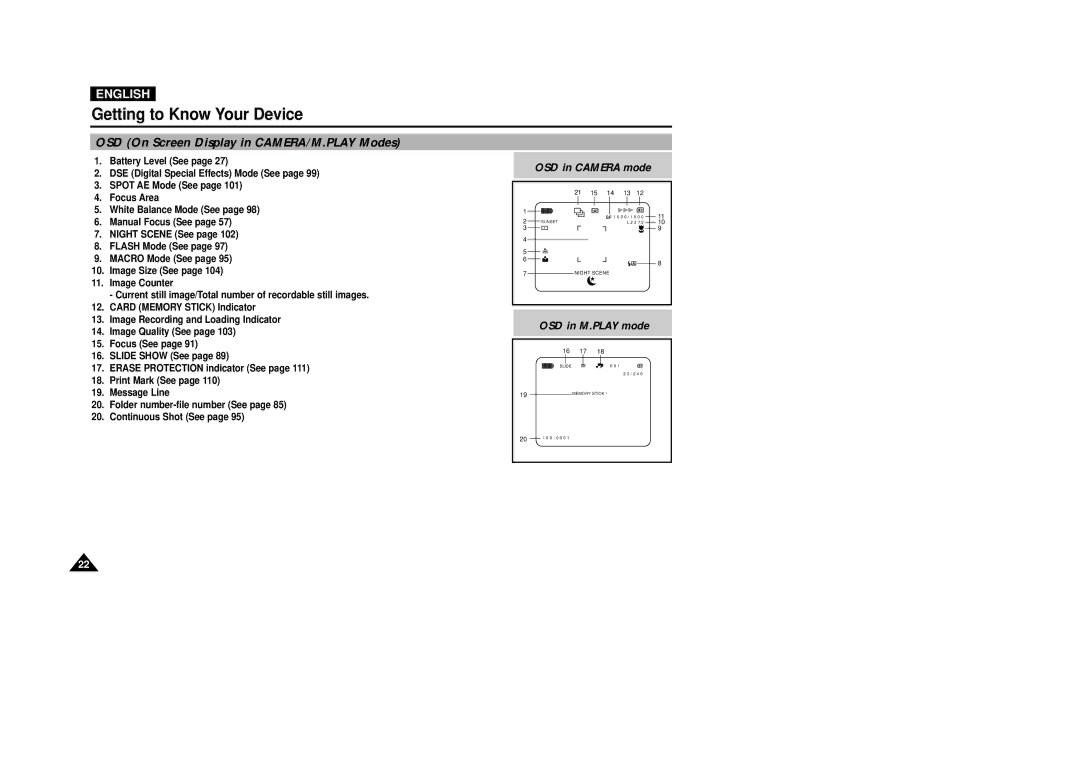 Samsung VP-D5000i instruction manual OSD On Screen Display in CAMERA/M.PLAY Modes 