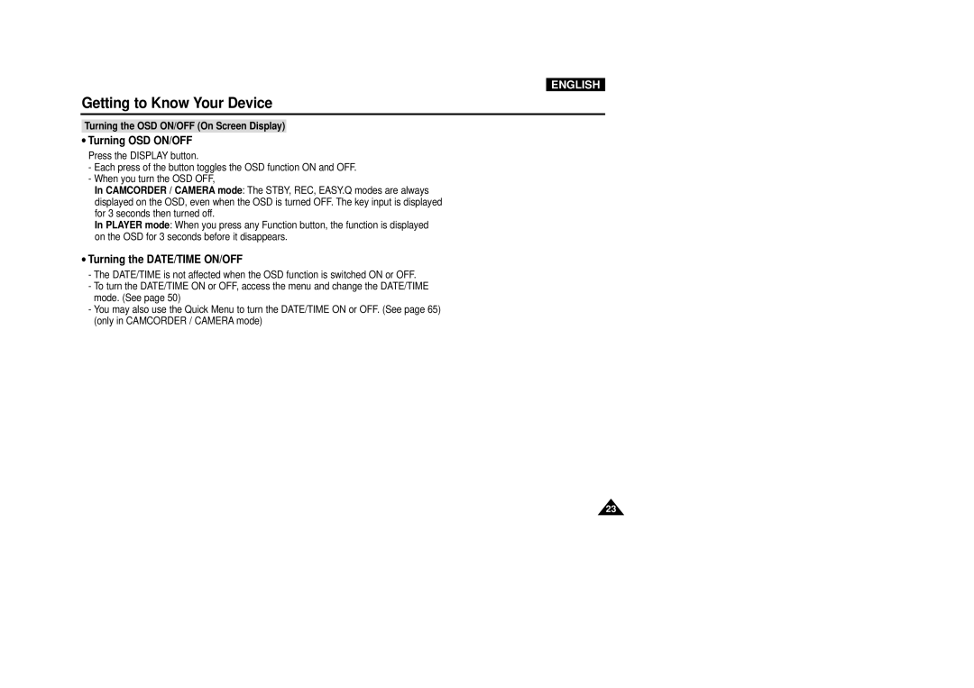 Samsung VP-D5000i instruction manual Turning OSD ON/OFF, Turning the OSD ON/OFF On Screen Display 