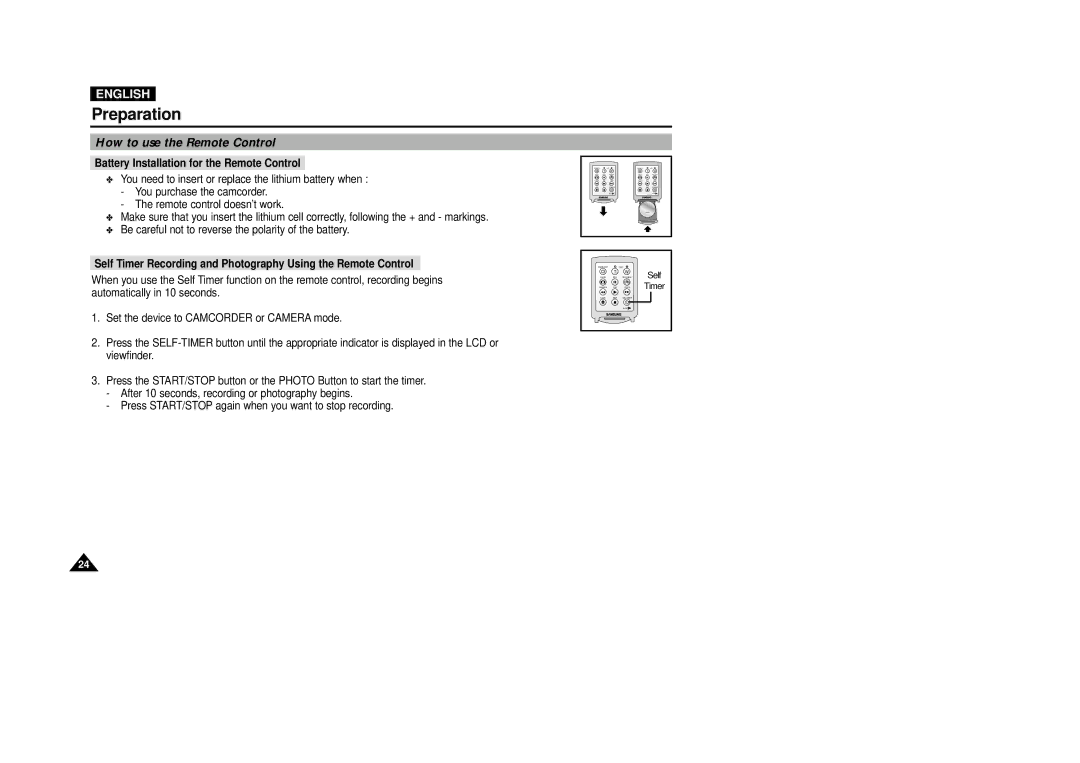 Samsung VP-D5000i Preparation, How to use the Remote Control, Battery Installation for the Remote Control 