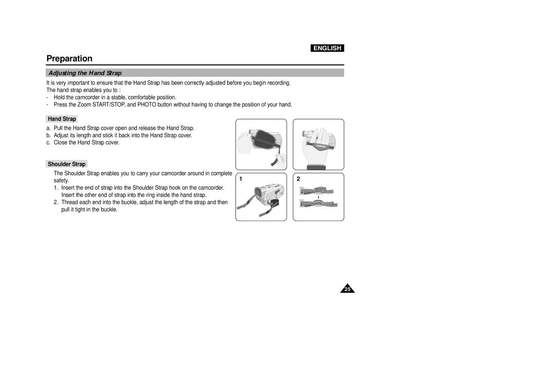 Samsung VP-D5000i instruction manual Adjusting the Hand Strap, Shoulder Strap 