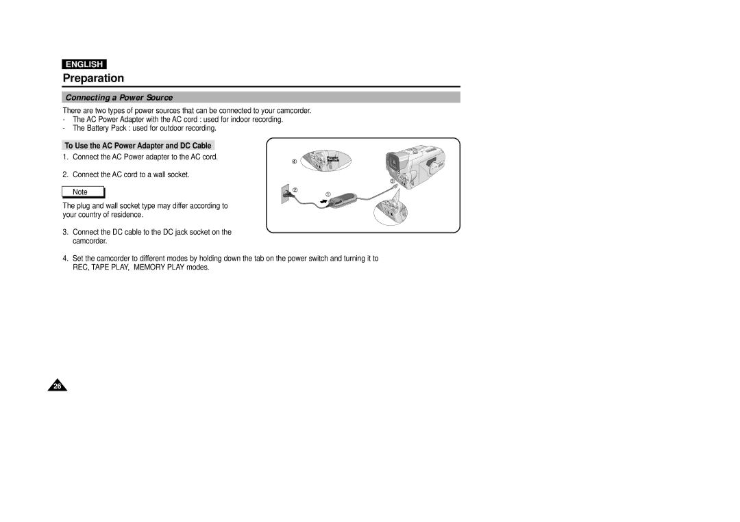 Samsung VP-D5000i instruction manual Connecting a Power Source, To Use the AC Power Adapter and DC Cable 