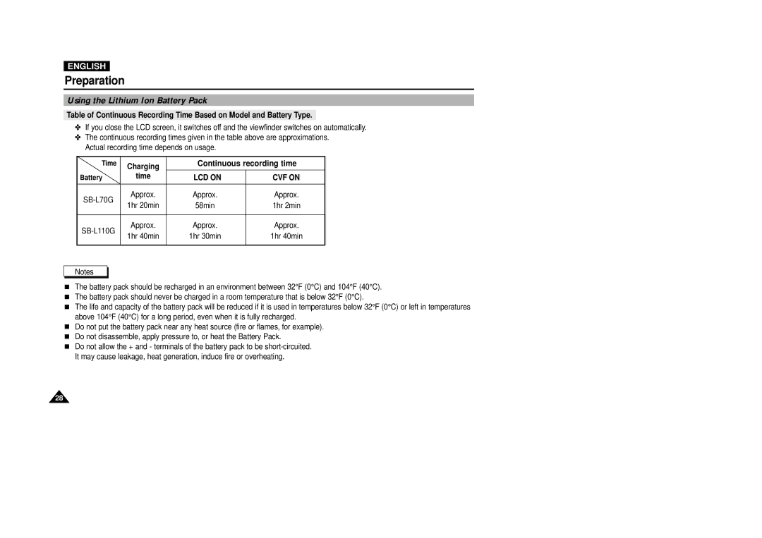 Samsung VP-D5000i instruction manual Continuous recording time, LCD on CVF on 