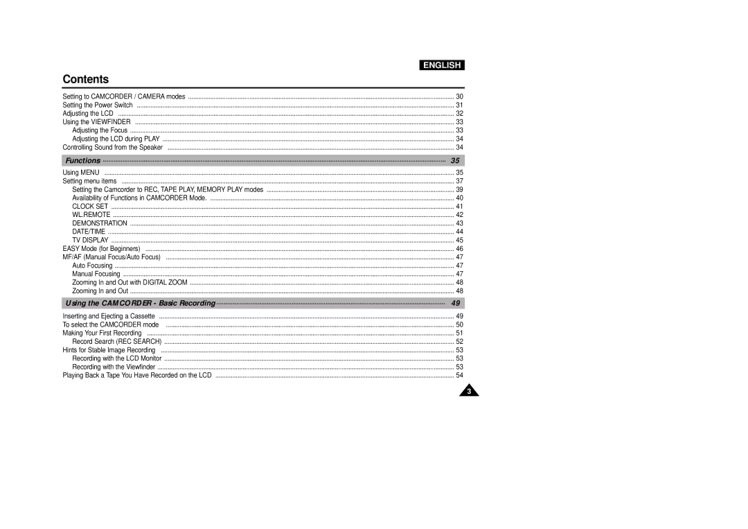 Samsung VP-D5000i instruction manual Functions 