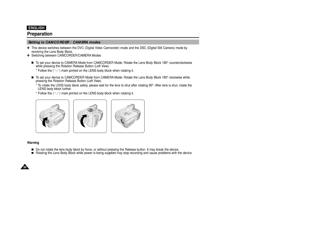 Samsung VP-D5000i instruction manual Setting to Camcorder / Camera modes 