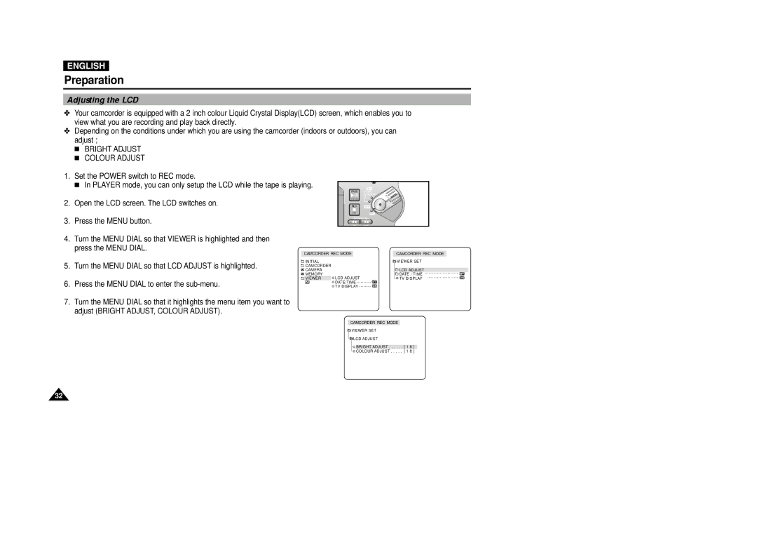 Samsung VP-D5000i instruction manual Adjusting the LCD, Bright Adjust Colour Adjust 