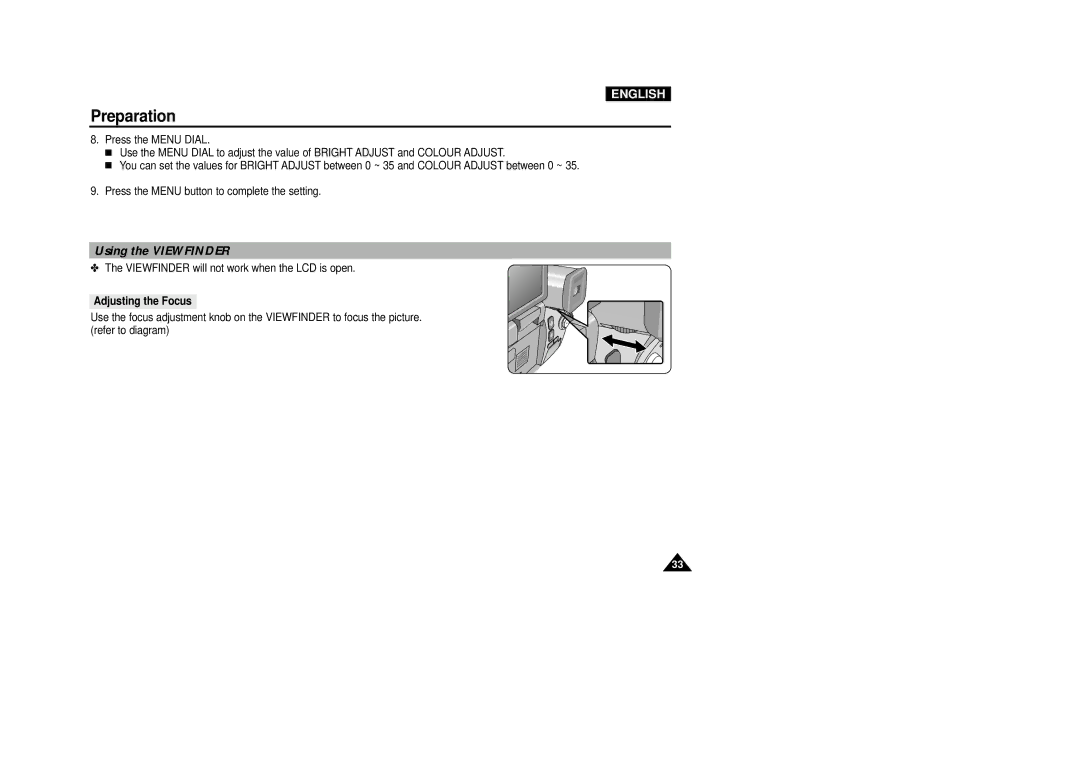 Samsung VP-D5000i instruction manual Using the Viewfinder, Adjusting the Focus 